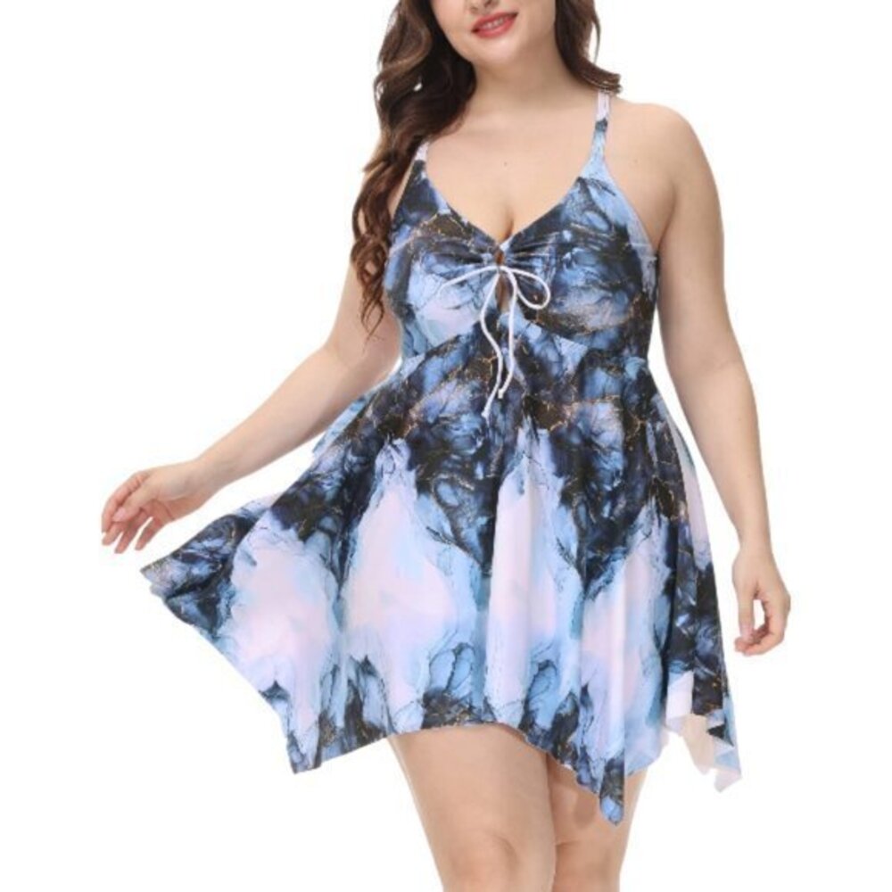 Plus Size Hanna Nikole Blue Swimdress Cover-Up Swimsuit Size 28W NWT #6375